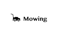 a logo with a person mowing a lawnmower